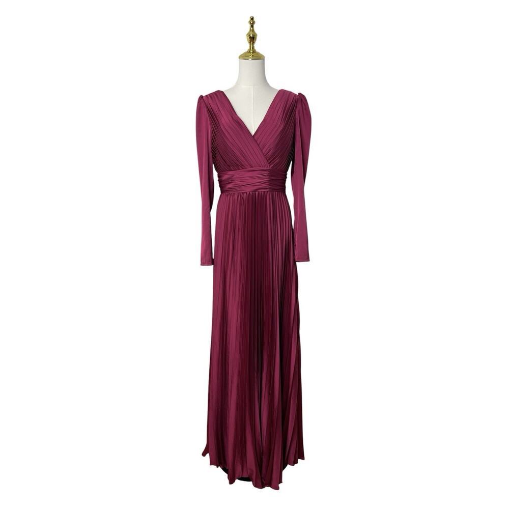 Mac Duggal 26542 Magenta Pleated Satin Long Sleeve Empire Waist Gown Size 8 $458 - Picture 4 of 8
